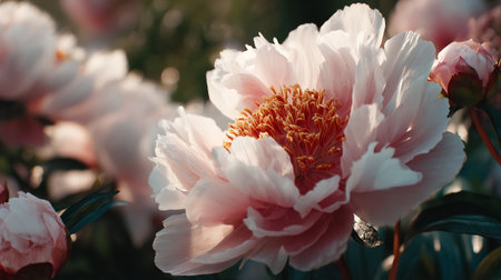 Elegant Pink Peony Blossom Radiates in the Garden Sunlightの素材