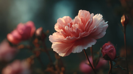 Dreamy Pink Peony Blossom Bathed in Soft, Warm, Natural Lightの素材