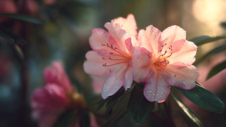 Delicate pink rhododendron blooms with water droplets in soft light.の素材