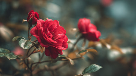 Crimson rose bloom with soft, muted background, and delicate detailsの素材