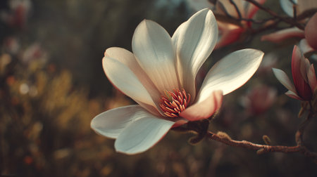 Elegant magnolia blossom bathed in gentle sunlight, blooming in springの素材