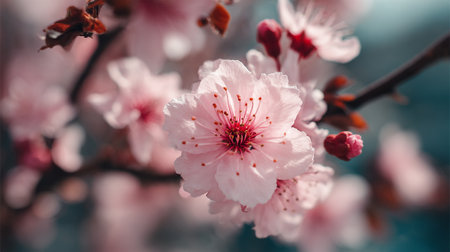 Pink blossoms in soft focus showcase spring's delicate beautyの素材