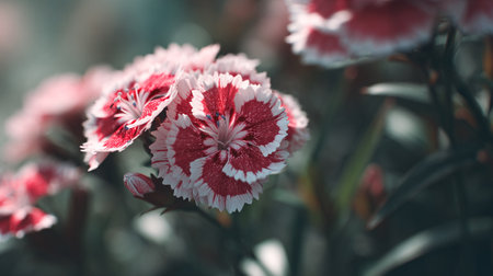 Delicate Red and White Carnations Blooming in Natural Lightの素材