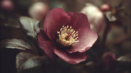 Elegant maroon hellebore flower with prominent stamen in artistic light.の素材