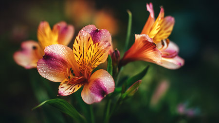 Dew Kissed Alstroemeria Flowers, A Warm and Vibrant Floral Displayの素材
