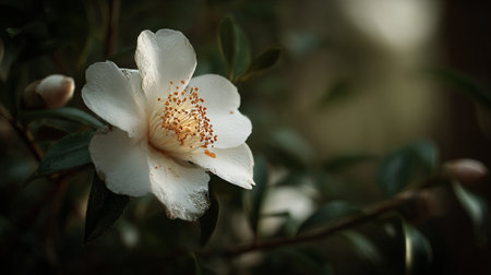 Elegant White Camellia Bloom in Soft Light, Natural Beautyの素材