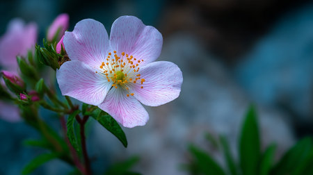 Pale pink flower with orange stamens and blurred background.の素材