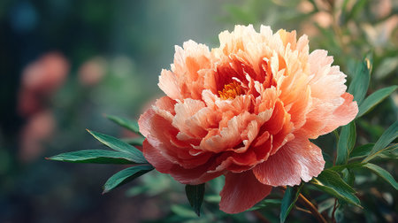 Radiant Peach Peony Blossom in Lush Garden Settingの素材