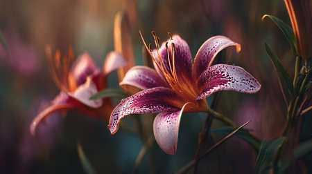 Floral Elegance: Two Lilies in a Garden bathed in Soft Lightの素材