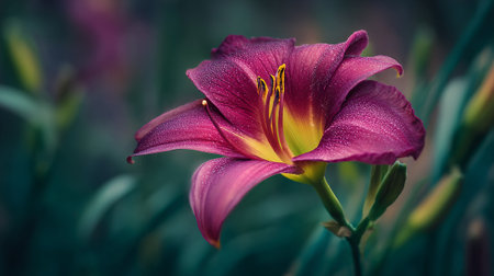Captivating purple daylily covered in glistening water dropletsの素材