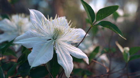 Graceful Clematis: Delicate White Bloom in Summer Sunlightの素材