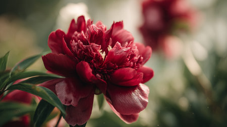 Striking Crimson Peony Flower Blooming Amidst Green Foliage and Soft Lightの素材