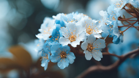 Dreamy blue and white blossoms on a branch create a beautiful scene.の素材