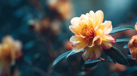 Enchanting Yellow Camellia Flower with Dark Teal Background in Serene Bloomの素材