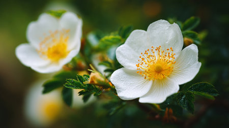 Pristine White Dog Rose Flowers Bloom in an Outdoor Gardenの素材