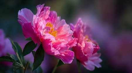 Captivating pink peonies in soft sunlight create a dreamy ambiance.の素材
