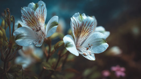 Dew Kissed Alstroemeria Flowers Against a Dark Moody Backgroundの素材