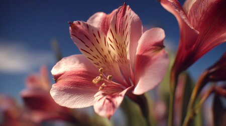 Stunning Alstroemeria Lily Blossom Against a Sky Blue Backdropの素材