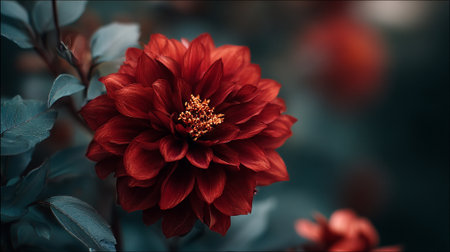 Deep Red Dahlia Bloom with Soft Blue-Green Foliage Beautyの素材