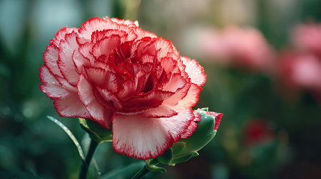 Delicate Carnation Bloom: Red and White Beauty in Soft Lightの素材