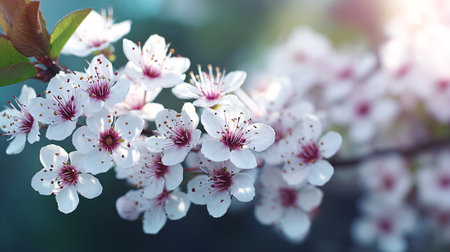 Blossoming Spring: Cherry Plum Tree Flowers in Gentle Sunlightの素材