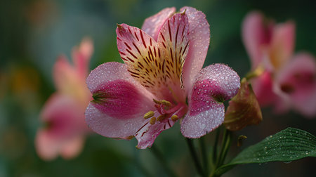 Dew-kissed Alstroemeria: A Pink Peruvian Lily in Elegant Detailの素材