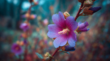 Vivid purple flower blossoms elegantly with delicate dew drops.の素材
