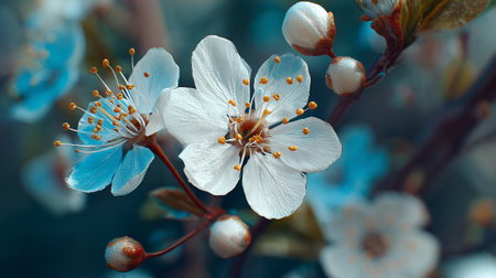 Delicate cherry blossoms open against a serene teal background.の素材