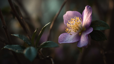Captivating Hellebore flower with soft lavender petals and golden stamensの素材