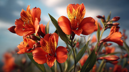 Vibrant orange alstroemeria flowers bursting with color against a soft sky.の素材