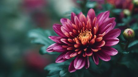 Elegant Burgundy Chrysanthemum Blooms Profusely in a Lush Green Gardenの素材
