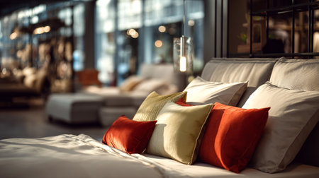 Modern bedroom setting featuring decorative pillows and a blurred stylish showroom.の素材