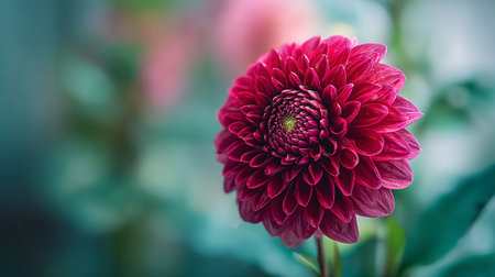 Radiant magenta dahlia blooms beautifully against a soft, blurred background.の素材