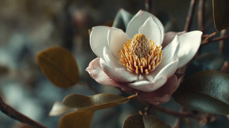 Captivating Magnolia Bloom Displaying Delicate Petals in Warm, Soft Lightの素材