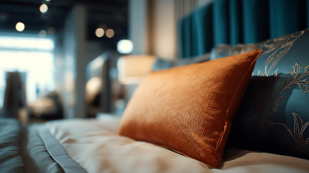 Luxurious bedroom featuring decorative cushions with intricate patterns and a soft color palette.の素材
