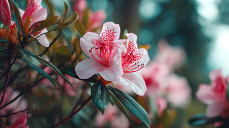 Vibrant pink Azalea blossoms with delicate patterned petals in natureの素材
