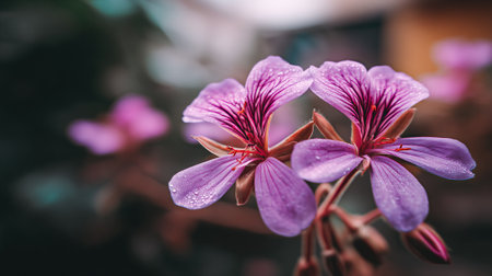 Purple Pelargonium Flowers with Water Droplets: A Botanical Beautyの素材