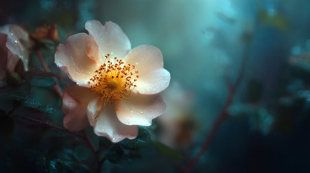 Delicate Dog Rose Flower with Water Droplets in Soft Lightの素材
