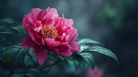Dew Kissed Pink Peony Blossom in Dark Moody Gardenの素材