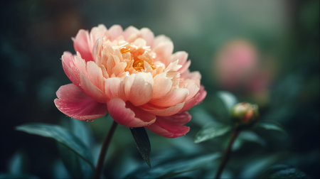 Elegant peach peony blossom in a garden setting with dew dropsの素材