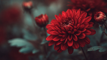 Deep Red Chrysanthemum Flower with Bud Against Blurred Green Backdropの素材