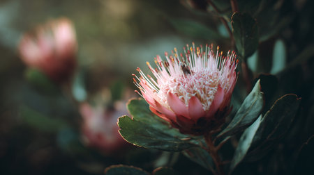 Protea Flower in Soft Light with Dark Green Backgroundの素材
