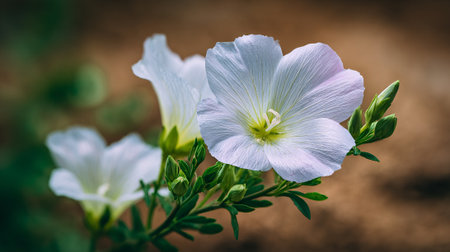 White flax flowers with vibrant green buds, softly focused backgroundの素材