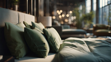 Luxurious bedroom interior featuring green pillows and bedding, modern design elements.の素材