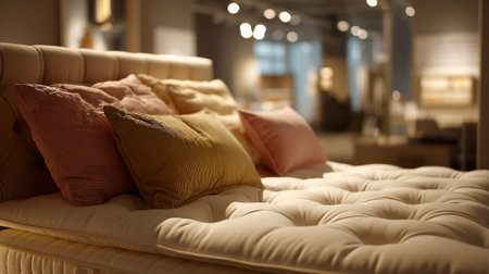 Luxurious comfort: A plush bed with soft pillows bathed in warm lightの素材