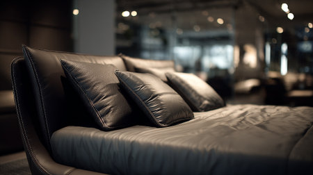Sleek and Modern Black Leather Couch with Plush Pillows in Boutiqueの素材