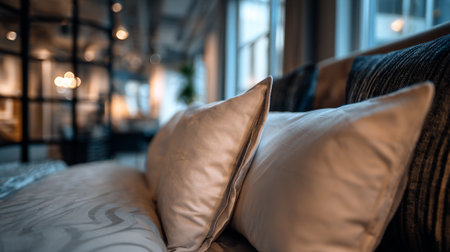 Serene Bedroom Retreat with Pillows, Modern Interior Design, Relaxing and Comfortable.の素材