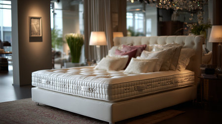 Plush and inviting bedroom featuring a luxurious mattress and decorative pillowsの素材