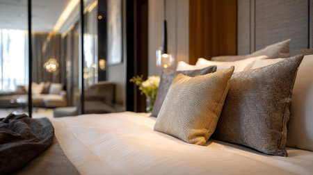 Luxurious bedroom decor featuring elegant cushions, fresh flowers, and soothing ambient lighting.の素材