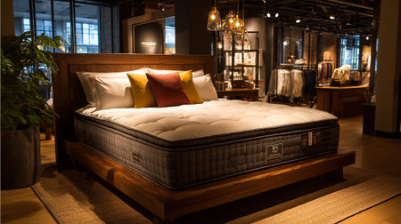 Elegant wooden bed frame and mattress in stylish bedroom showroomの素材